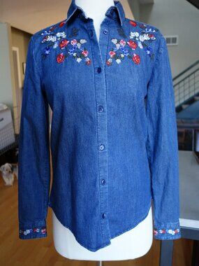 NWT! $285 The Kooples denim shirt blouse with floral embroidery XXS but runs big